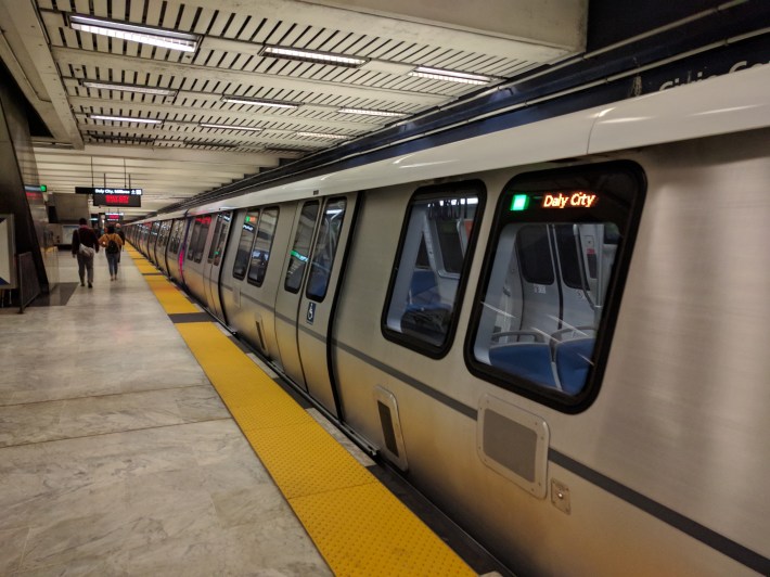 The new BART train about to leave Civic Center station. Photo: Streetsblog/Rudick