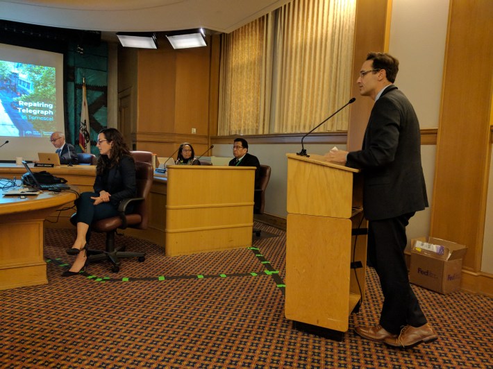 Oakland DOT director Ryan Russo defending the Temescal plan before the committee. Photo: Streetsblog/Rudick