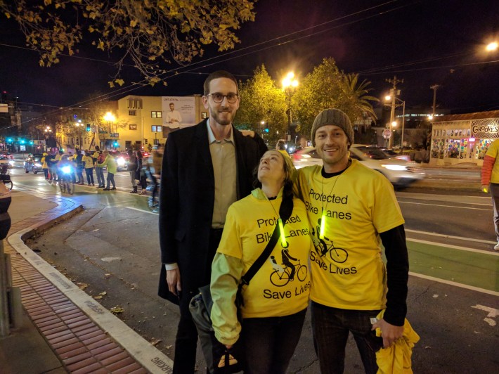 Persico and Brezina pose for a shot with State Senator Scott Wiener during a protest on Upper Market in Dec. 2017. Photo: Streetsblog/Rudick