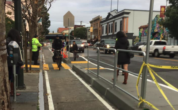 A drop-off island on the first part of Valencia's new protected bike lane segment. Photo: Paul Valdez