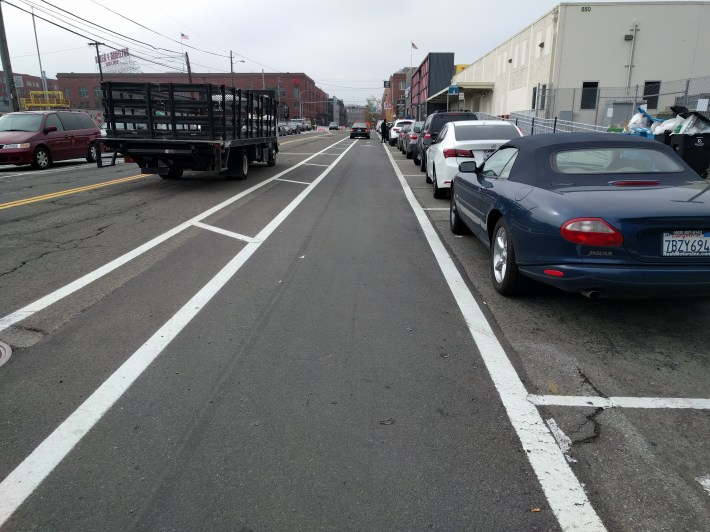 SFMTA has already watered down the Townsend safety project, with an unprotected bike lane in the westbound direction. Photo: Streetsblog/Rudick