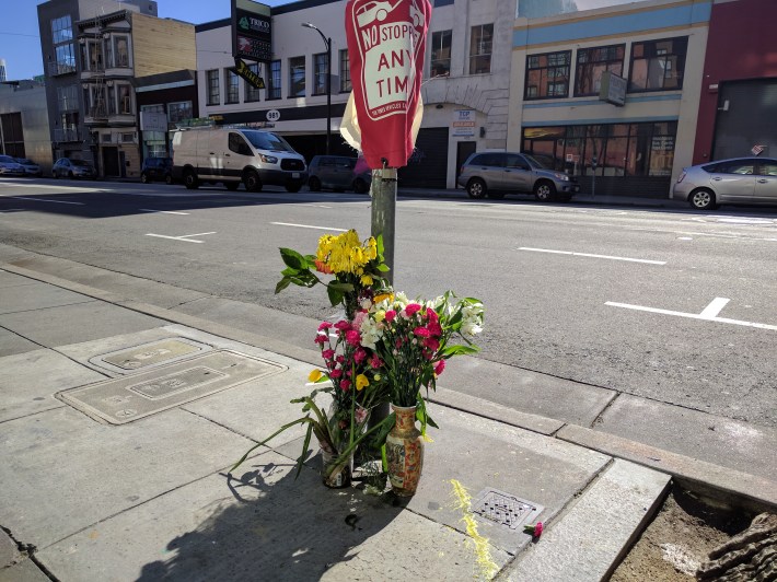 The shrine for Tess Rothstein on Howard, near where she was killed Friday morning