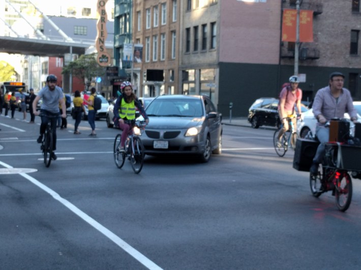 A near-hit at a mixing zone. Protesters also want SFMTA to do away with dangerous mixing zones and poorly designed intersection treatments