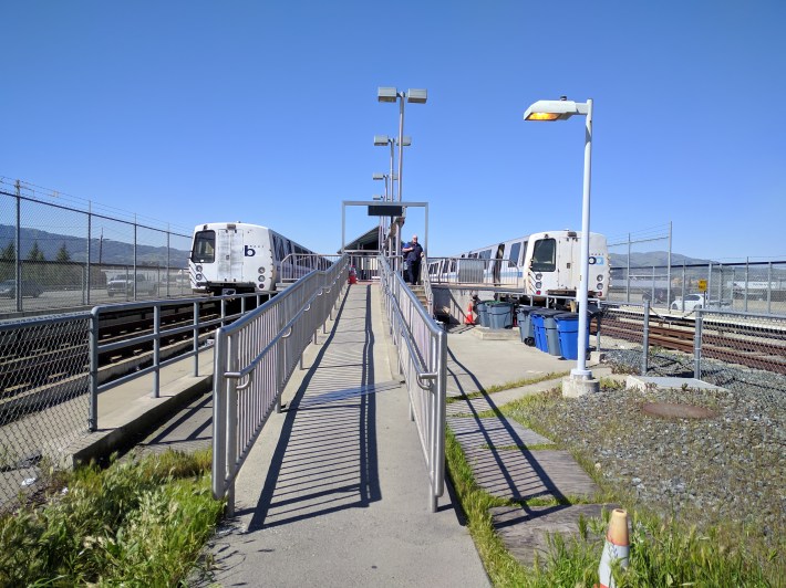 Trains wait to start their run from Dublin/Pleasanton, as seen from the operators break shack