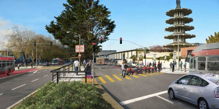 A rendering of the new surface level crosswalks that will help reconnect the neighborhoods. Image: SFMTA