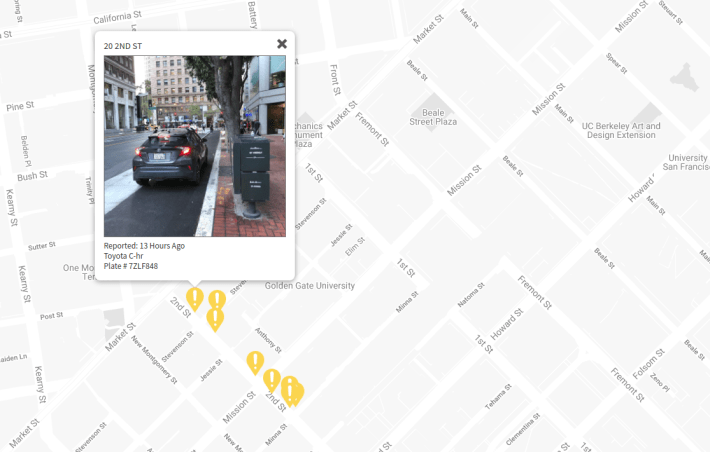 A screen shot of a day's *reported* bike lane violations on 2nd street. Photo: SafeLanes