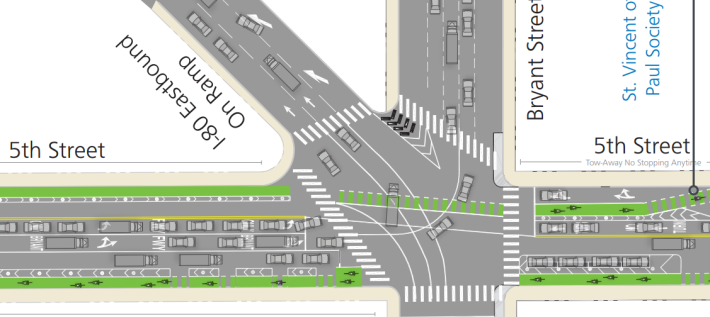 I-80's onramp from 5th. SFMTA's will not provide a protected intersection. Image: SFMTA