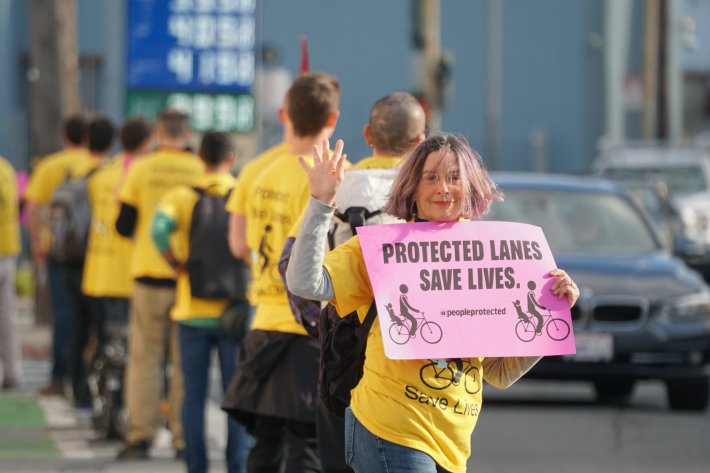 Maureen Persico, one of the organizers of the “People Protected Bike Lane” protests, at a demonstration on Bayshore. Photo: John Entwistle