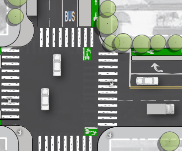 A detail of the turn planned for 5th to Folsom, using the standard SFMTA mixing zone that invites right hooks. Image: SFMTA