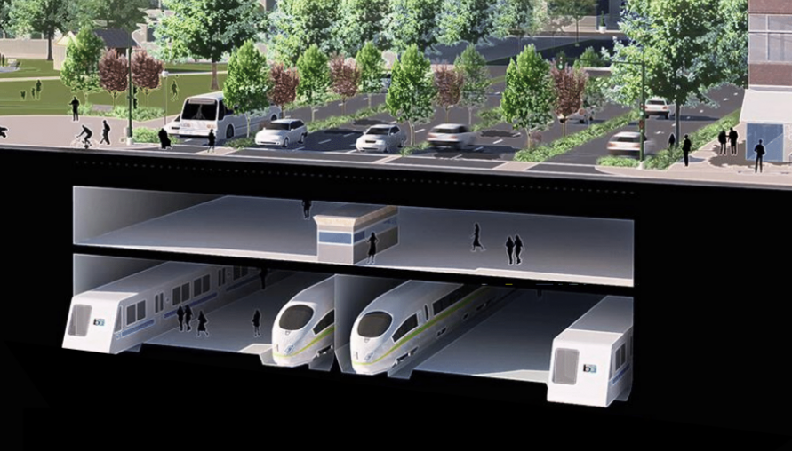 A rendering of how transit might run in the space currently dedicated to cars. Rendering by Groundworks Office, ConnectOAKLAND