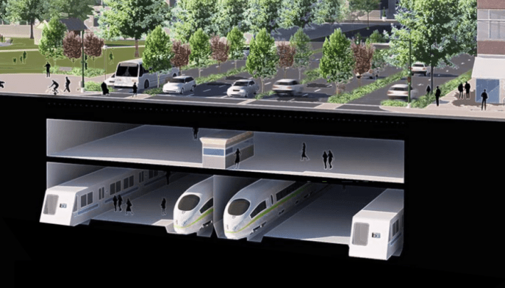 A rendering of how transit might run in the space currently dedicated to cars. Rendering by Groundworks Office, ConnectOAKLAND