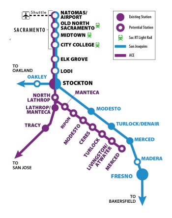 A map of planned ACE service to Sacramento. Image: Valley Rail Authority
