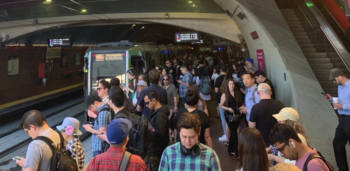A struck train in the subway at Deboce lead to yet another morning of delays, seen here at West Portal. Photo: TKTKTK