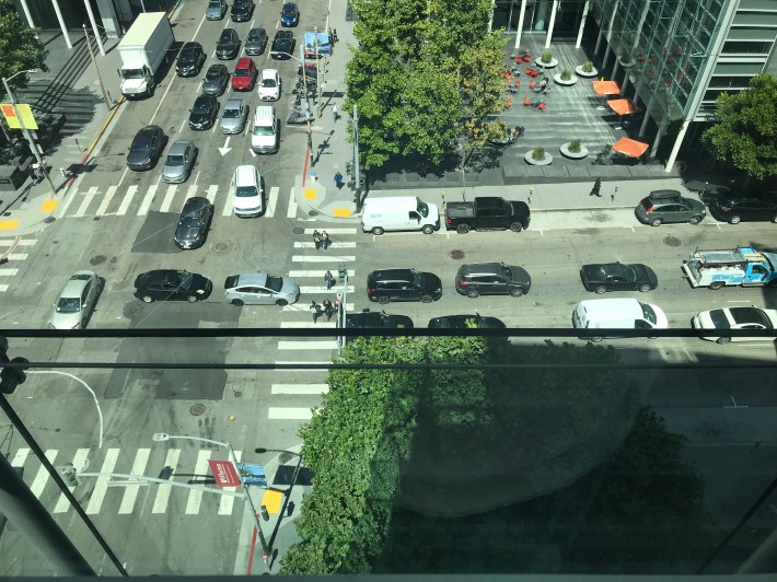 Motorists blocking the crosswalks at 1st and Howard. Photo: TJ