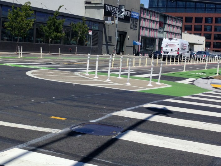 SFMTA's first stab at a low-cost protected intersection, 7th and Townsend