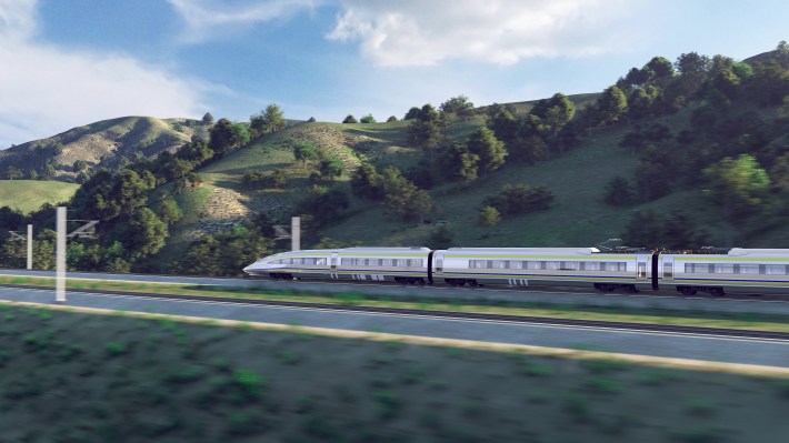 A rendering of a high-speed train in the Pacheco Pass to San Francisco. Image: CaHSRA