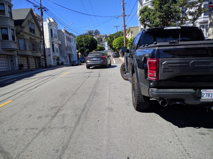 This big black truck, parked at the corner of Storrie and 18th, made it all but impossible to see what might be coming from the side streets