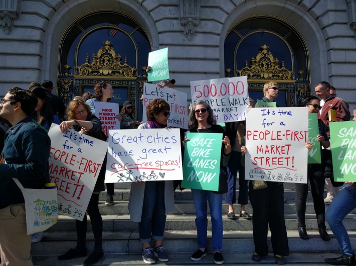 Advocates on the steps of City Hall to support the plan. Photo Streetsblog/Rudick