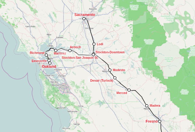 A map of Amtrak's existing connections to Merced. Image: Amtrak