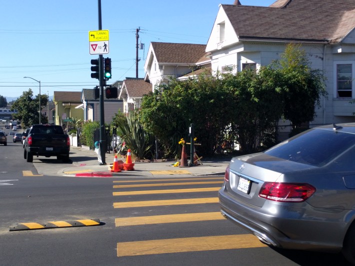 The crosswalk where a woman was killed earlier this month. Unfortunately, the traffic signal still releases cars a second or two before pedestrians