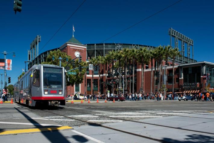Muni serves the doorstep of Oracle Park. No such situation will exist at the A's proposed location in Oakland. Photo: SFMTA