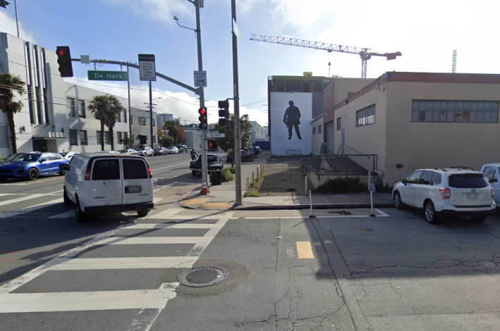 Plastic and paint at the corner of 16th and De Haro. Image: Google Maps