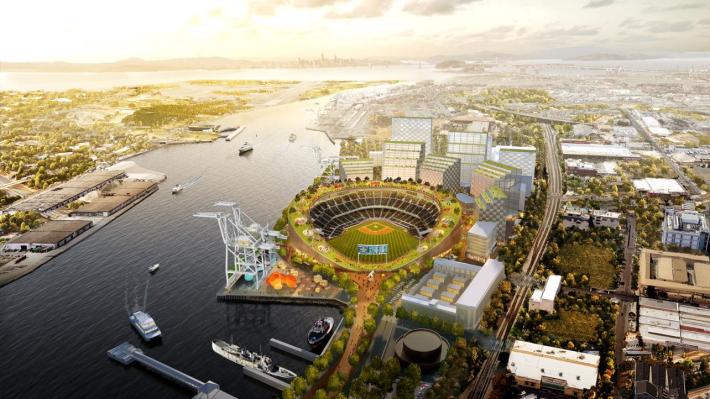 A rendering of the planned Oakland A's stadium at Howard Terminal in Jack London Square. Image: Oakland A's