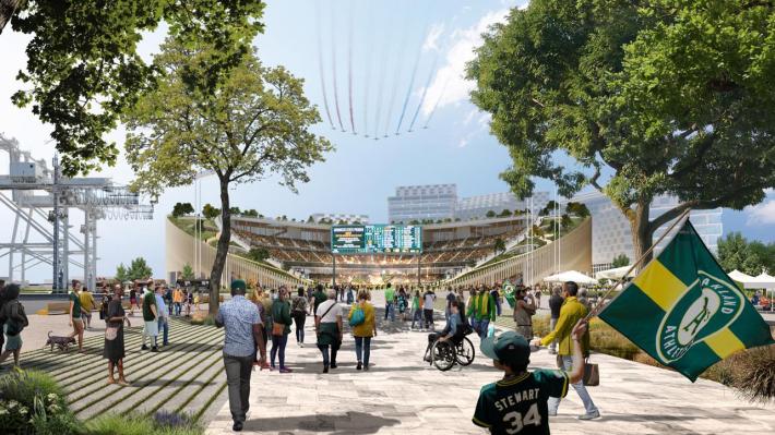A rendering of the walk along the Oakland waterfront as it would appear after the ballpark is built. Image: Oakland A's