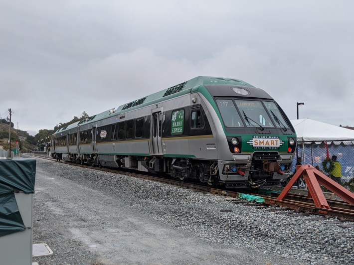 The SMART train parked at Larkspur. New ferry service would give Oaklanders a one-transfer option to reach all the stations served by the SMART train. Photos: Streetsblog/Rudick unless noted