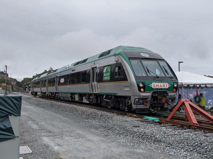 The SMART train parked at Larkspur. Photo: Streetsblog/Rudick