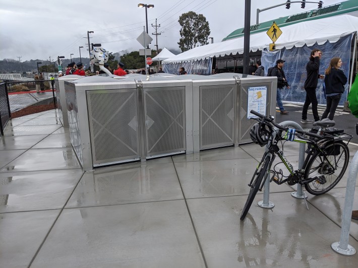 Electronic bike lockers are available at the station
