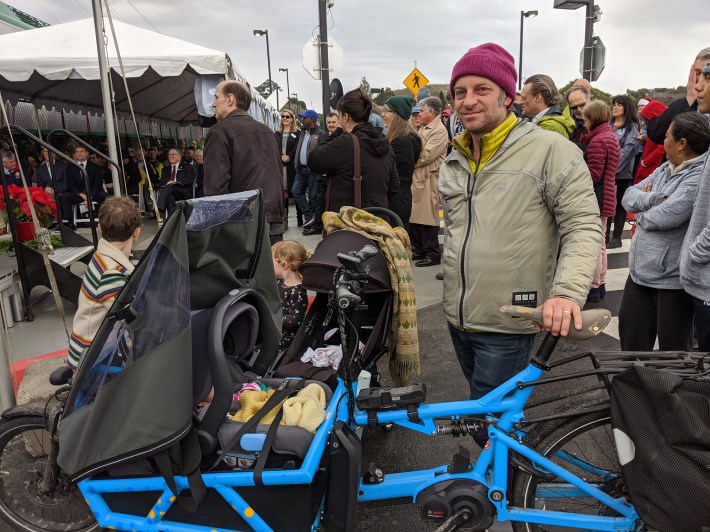 Matt Weeder biked with his baby from his home in Mill Valley. He'd like to see better bike connections and maybe a SMART train to Mill Valley