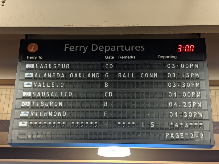 A shot of the board at the S.F. Ferry Terminal. Note to SMART: shouldn't the Larkspur Ferry say "RAIL CONN" too now?