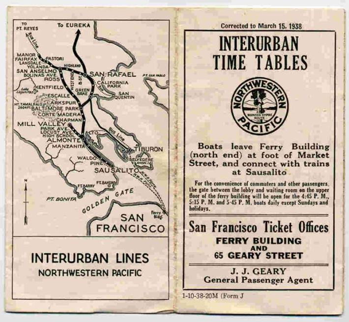 A 1938 train schedule cover. This map probably looks familiar to Marin cyclists: much of the old rail rights of way are now multi-use bike paths. Image via the Mendocino Coast Historical Society