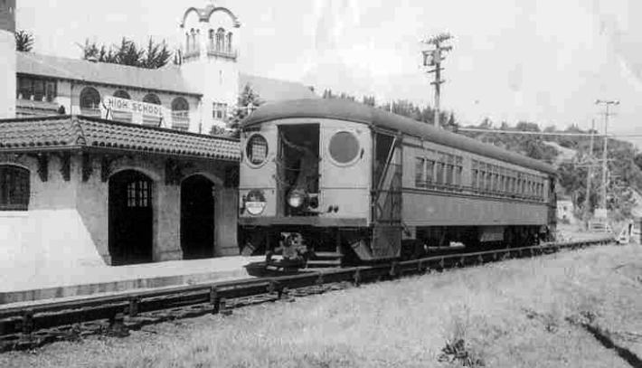 A train of old near Mill Valley. Note the third rail--carrying electricity to propel the train.