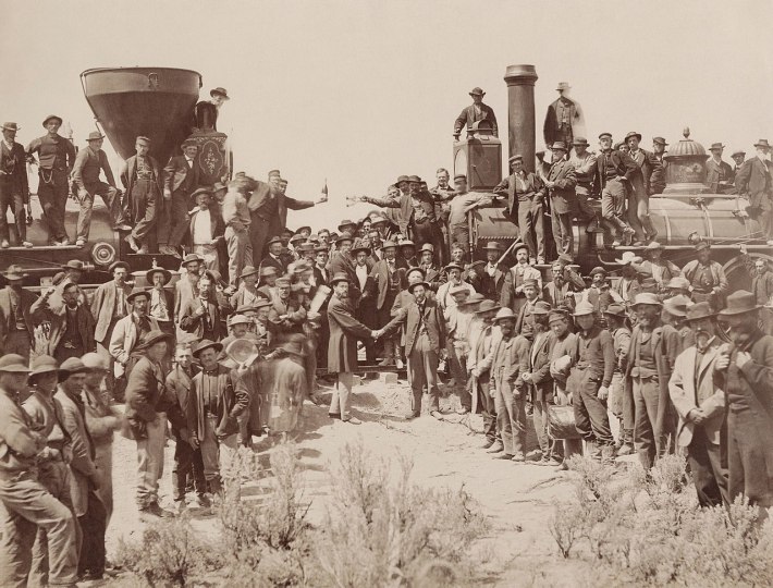 Come to think of it, even the Transcontinental Railroad was built in two segments, which met here in Promontory Summit, Utah on May 10, 1869. Image: Wikimedia Commons
