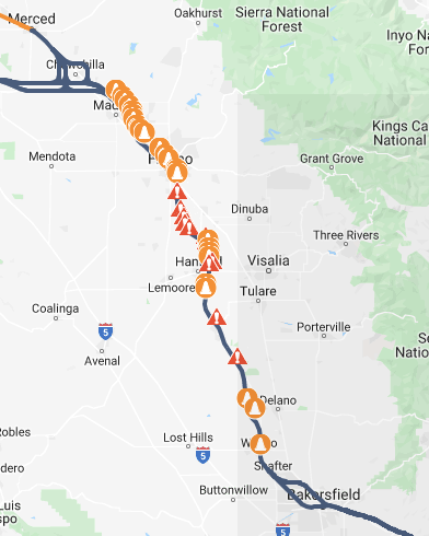 Each orange dot represents a site where HSR is building a bridge or trench to cross over or under a highway, waterway, freight-railroad, or other obstacle. Image: CaHSRA