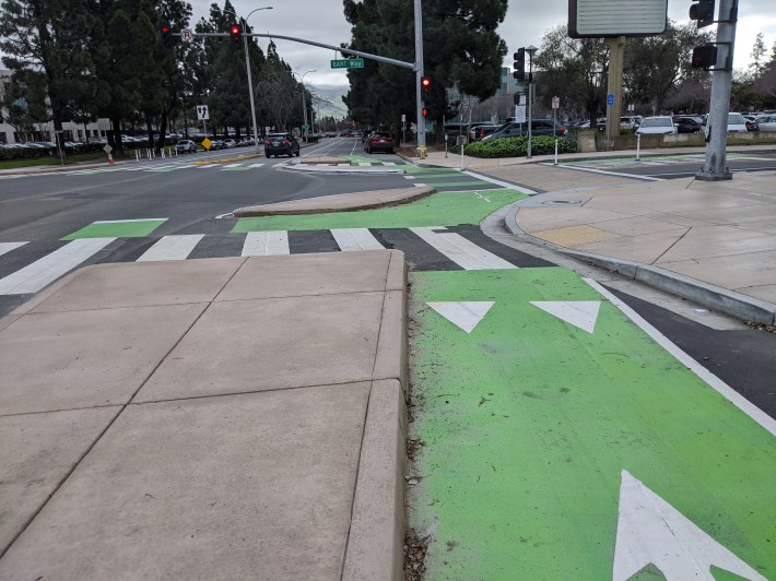 Protected intersection in Fremont, photographed last January as the project was nearing completion in 2020. Photo: Streetsblog/Rudick