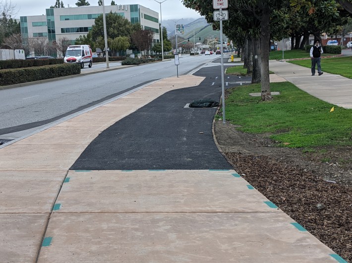 There's a bikeway on both sides of the street, raised to sidewalk level, and with a 90 degree curb to make sure cars don't park on it