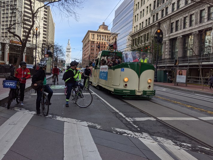 The "boat train" carried VIPs on a car-free tour of Market Street