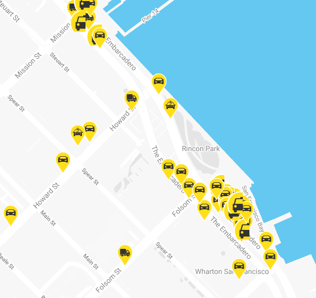 A map of bike lane violations via the city's 311 data, sent to Streetsblog and government agencies by Munroe