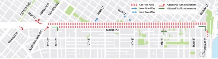 A map of the private car free zones. Map: SFMTA