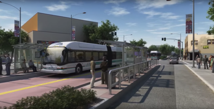 A rendering of Oakland's 'Bus Rapid Transit' project with buses and passengers. Image: AC Transit