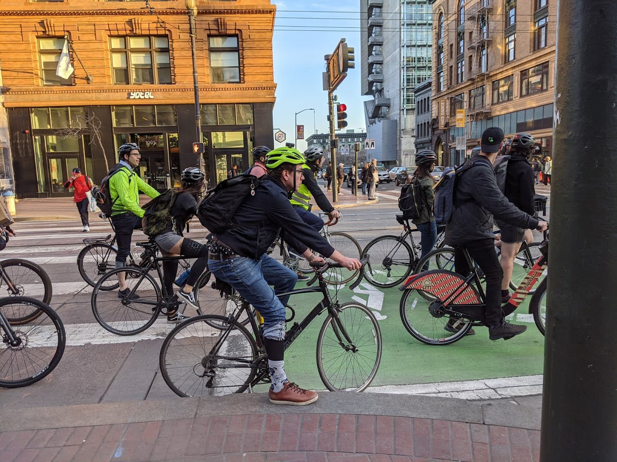The view from Warm Planet and Huckleberry bikes of Market Street during rush hour. Photo: Streetsblog/Rudick