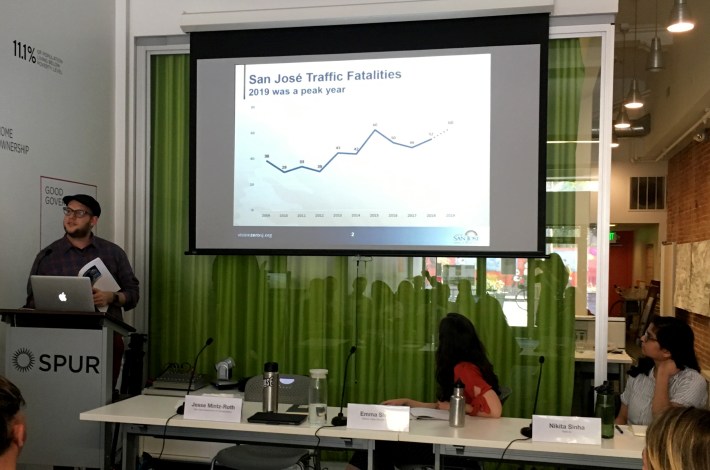 Jesse Mintz-Roth of San Jose and Emma Schlaes of the Silicon Valley Bicycle Coalition, and Nikita Sinha of California Walks talk about Vision Zero at SPUR San Jose. Photo: Melanie Curry/Streetsblog