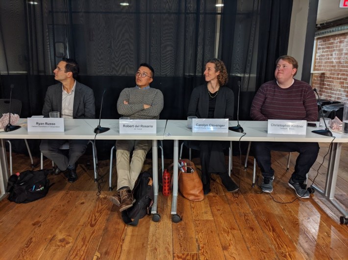 Ryan Russo, Robert del Rosario, Carolyn Clevenger, and Christopher Kintner at SPUR Oakland. Photo: Streetsblog/Rudick