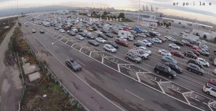 A shot of the complex bridge approach, with buses having to somehow cross all this to reach a transit lane. Photo: MTC