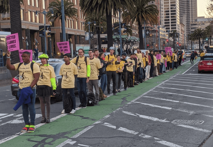 The most recent 'People Protected' bike lane demonstration on the Embarcadero. Photo: PPBL's twitter