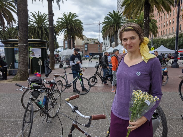 Norna Ross, a friend of Rothstein's and one of the organizers of the ride, at Embarcadero Plaza. Photo: Streetsblog/Rudick