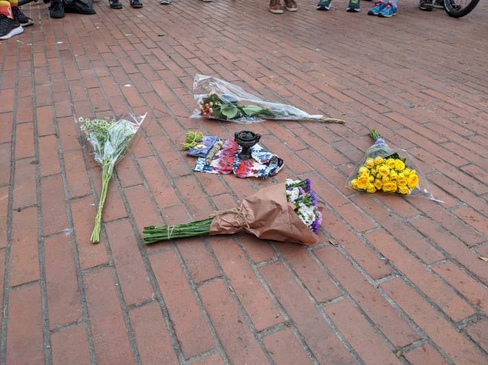 A incense pot and flowers served as a focus point and shrine for the mourners. Photo: Streetsblog/Rudick